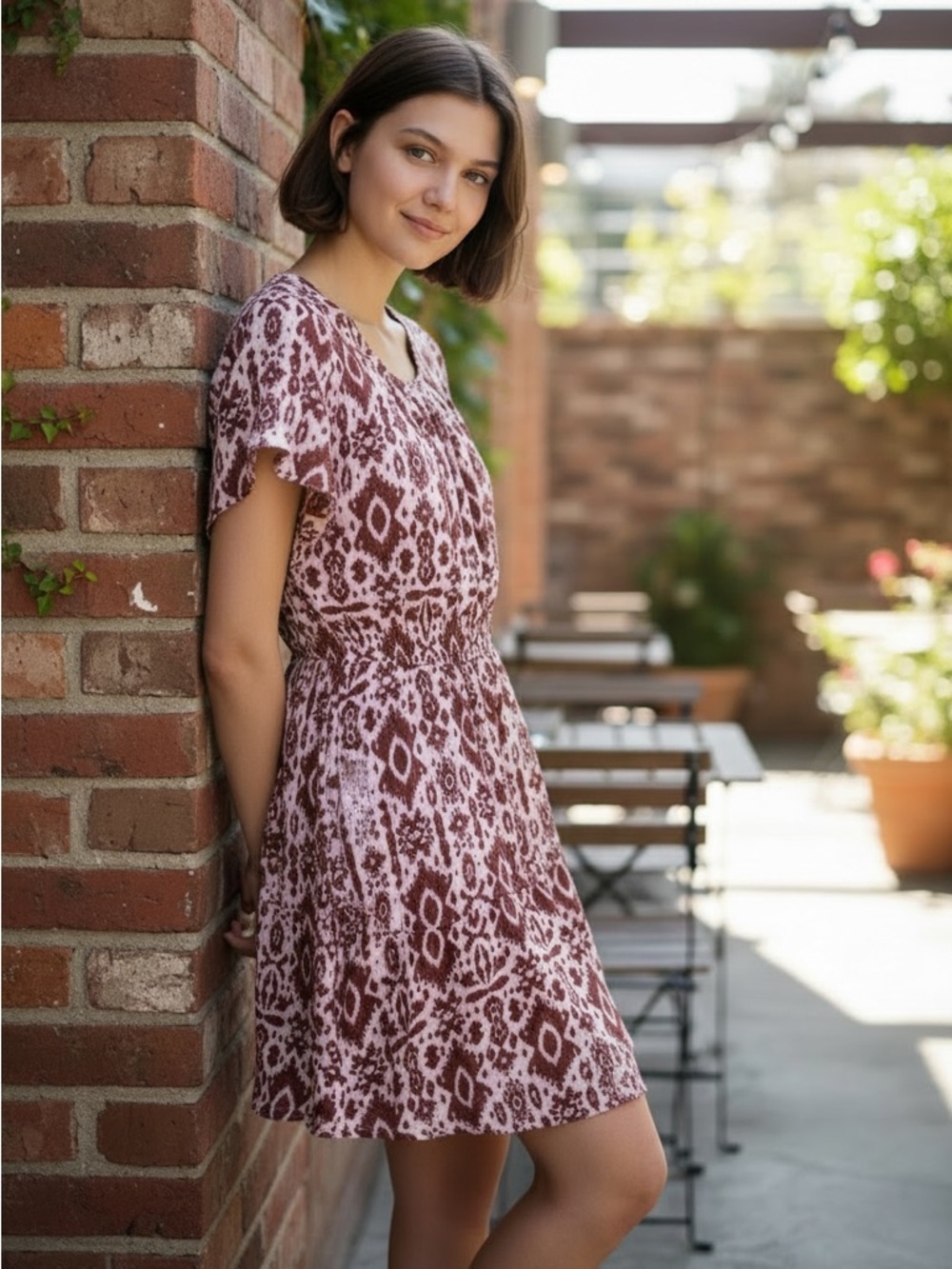 BB Dakota Rust and White Ikat Short Sleeve Dress